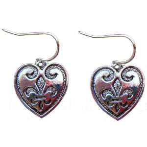 Heart   shaped Silver toned Dangle Fleur de Lis Earrings 