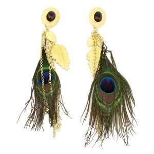 Peacock Statement Clip Ons; 8L; Gold Metal; Genuine Peacock Feathers 