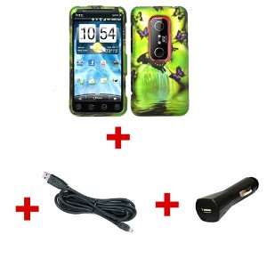 HTC EVO 3D Design Case PURPLE BUTTERFLY + Micro USB Data Cable + USB 