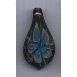 Murano Glass Lampwork Pendant : Blue 3D Flower Leaf Design (5cmx3cm)