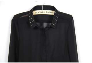 Transparent Chiffon Contrast Beaded collar Black Long Sleeves Button 