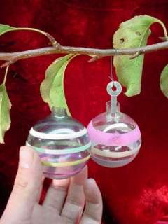 PAIR Vintage 1960s CHRISTMAS TREE ORNAMENTS Clear Glass STRIPED Ball 