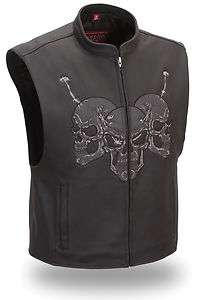First Racing Mens Leather Vest w/ Reflective Skulls & Barbwire for 