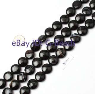 16mm coin gemstone banded black agate beads strand 15  