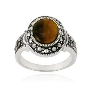 Sterling Silver Marcasite and Oval Tigers Eye Ring, Size 