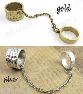 Chain Linked Two Double Finger Ring Sz 3.5/6 Silver/Gold Metal  