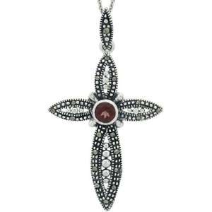   Rocks Sterling Silver Garnet and Marcasite Cross Necklace: Jewelry