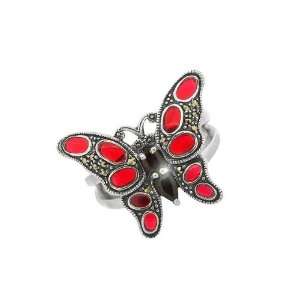   925 Sterling Silver Garnet, Marcasite & Enamel Butterfly Ring Jewelry