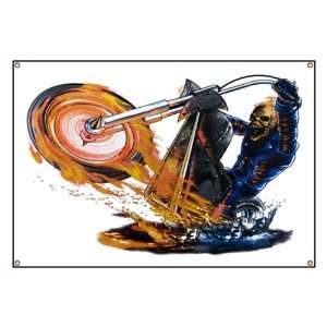  Banner Flaming Skeleton Skull Riding Flaming Motorcycle 