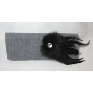  Grey Winter Knit Ear Warmer Headband with Black Feathers 
