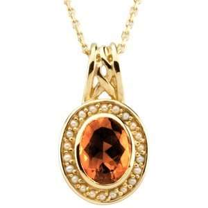 14K Yellow Gold Fire Opal and Pearl Pendant Jewelry
