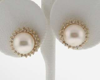 Estate Cultured Pearls Diamonds Solid 14k Gold Earrings  