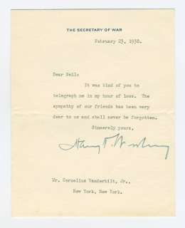 Cornelius Vanderbilt Woodring Secretary of War letter  