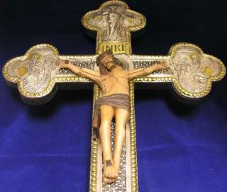 Large Antique Wood Wall Silver Cross Crucifix Jesus corpus Christ Home 