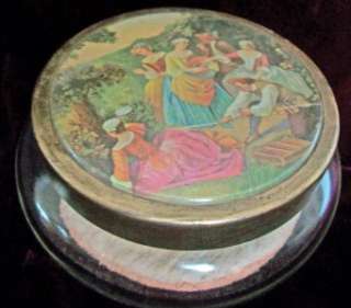 Vintage Powder Jar & Puffs w/Colonial Women Gathering  