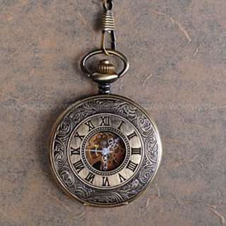 Engraved Roman Brass Pattern Men Mechanical Pocket Watch MW03  