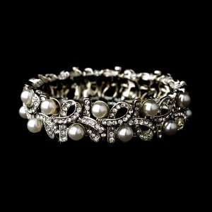    Silver Rhinestone White Pearl Ribbon Stretch Bracelet Jewelry