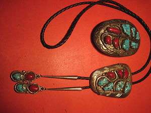 STERLING SILVER AND TURQUOISE BELT BUCKLE AND BOLO TIE BY EFFIE 