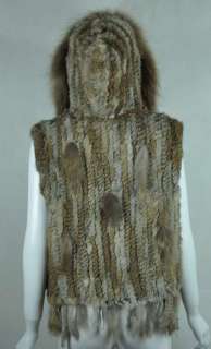 women New Real Knitted Rabbit RACCOON fur hooded Coat Jacket vest 