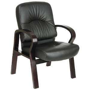    Leather Visitors Chair With Wood Base And Arms