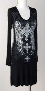 CRYSTAL CROSS ANGEL WINGS TATTOO BLACK RUFFLE DRESS TUNIC & ED HARDY 