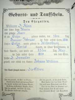 1870 antique FRAKTUR baptism cert KLEIN millersburg pa  