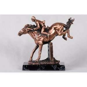  9.5 inch Copper Horse With Rider Jumping Over Hurdle 