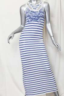   GAULTIER SOLEIL Blue+White Stripe Long TANK DRESS Beach Cover Up M NEW