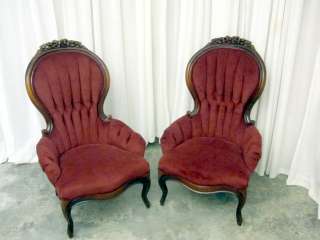   Victorian Style Chairs w Tufted Velvet Fabric in Dark Wine Color
