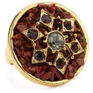 Sparkling Sage Crushed Stone Gold Tone and Red with Crystals Ring 