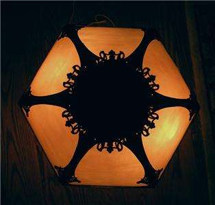 20s Rare Art Nouveau Rainaud Caramel Slag Antique Lamp w Shell & Plume 