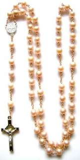 RARE!! Gold AAA8 9mm Real Pearl NECKLACE ROSARY CROSS  
