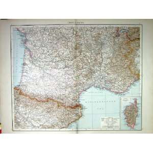  FRANCE SOUTH ANTIQUE MAP c1897 CORSICA SPAIN PYRENEES 