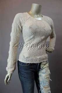 New with Tags FREE PEOPLE Tea Sunny Pucker Lace Ivory Stretchy Shirt 