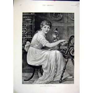  1891 Woman Sitting Spinning Wheel Wool Old Print