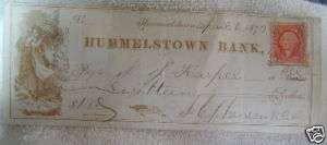 Original 1872 Hummelstown Bank Check Washington Stamp  