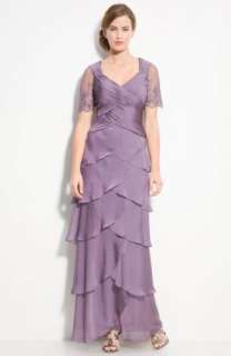 NWT Adrianna Papell Violet Lace Sleeve Tiered Chiffon Gown 18W $280 