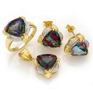  14K Solid Gold Natural Mystic Topaz Ring, Earring, Pend 