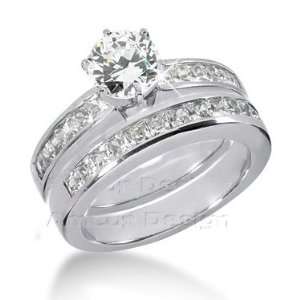 14K White Gold Round & Princess Cut Diamond Matching Bridal Set (2 