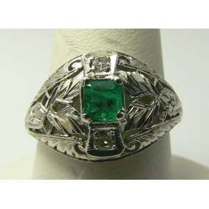 Lovely Antique Colombian Emerald & Diamond Ring 18k 