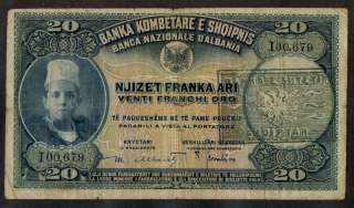 ALBANIA 20 FRANGA ND(1945) P#12 b OVPT PROVISIONAL ISSUE   CONDITION 