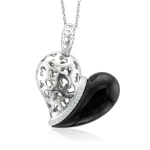   White Gold Heart Natural Onyx Diamond Necklace (G color, SI2 clarity