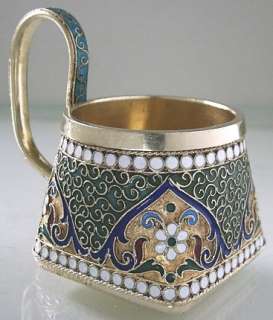 1896 RUSSIAN ANTIQUE SILVER GILT&CLOISONNE ENAMEL MINIATURE TEA 