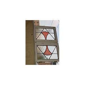  Art Deco Geometric Red Mottled 2 Panel Antique Stained 