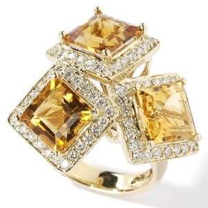  14K Gold Citrine & Diamond Three Square Ring Jewelry