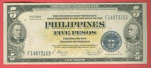 PHILIPPINES 1944 (ND) 5 PESO VICTORY SERIES 66 F153  