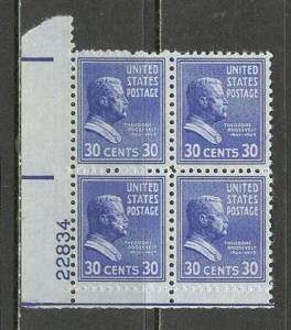US USA Sc# 830 MNH FVF PLATE # BLOCK Theodore Roosevelt  