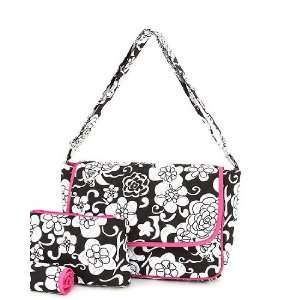   Quilted Floral Print Messenger Diaper Bag 3pc Set (Pink/Black) Baby