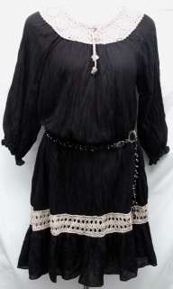 Babydoll VTG Cotton Short Dress Tunic TOP Shirt w/ Crochet Knit Sz. M 