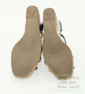 Prada Black Patent Leather & Cork Strappy Wedge Heel Sandals Size 37 